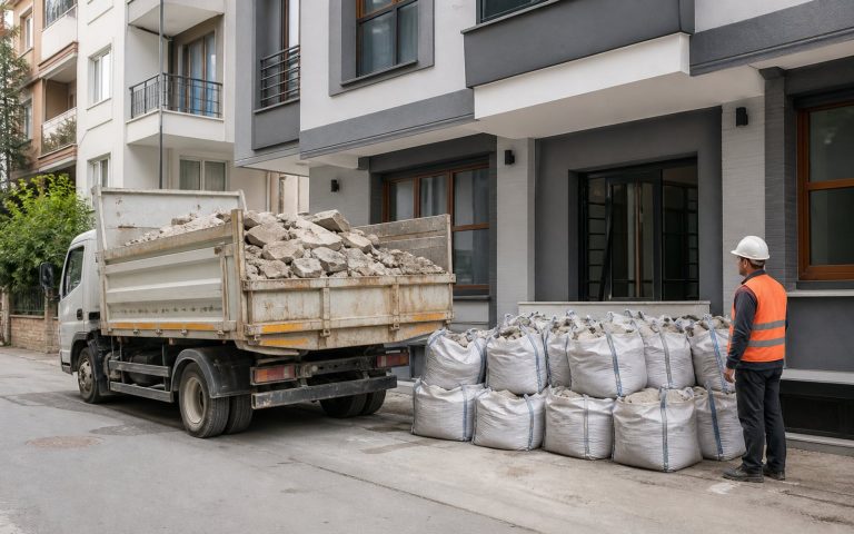 Düzenli bir alanda araca yüklenmek üzere hazırlanan molozların temsili görünümü